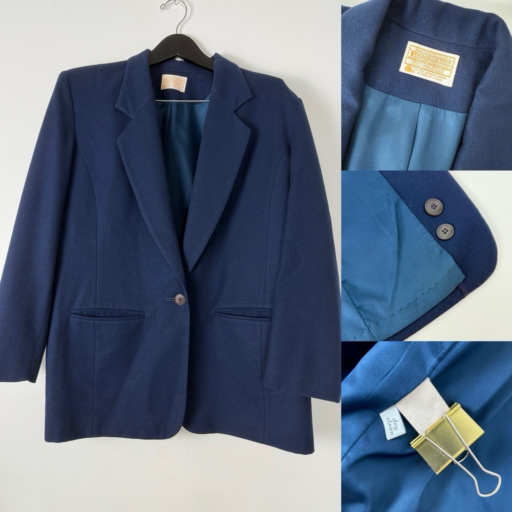 Pendleton Blazer Jacket Womens 12  Navy Blue One Button Virgin‎ Wool USA